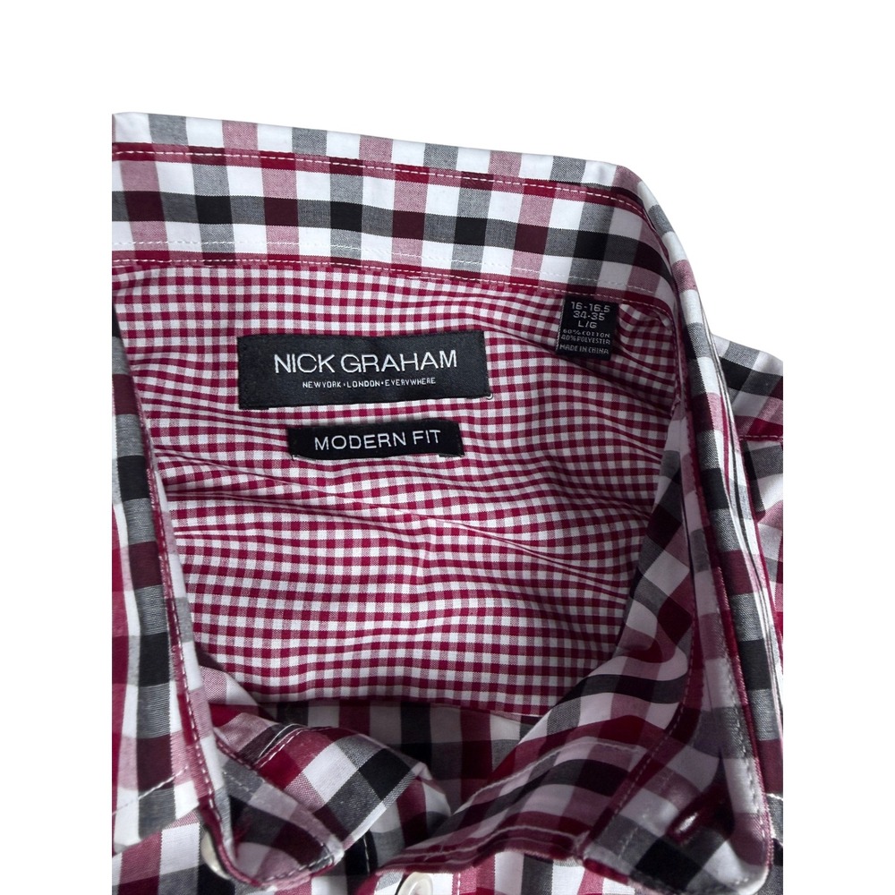 Nick Graham Mens Modern Fit Gingham Shirt Burgundy Black White Size L 16-16.5 - Picture 2 of 3